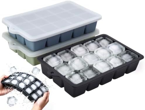Silicone Ice Cube Trays with Lids (3Pack, Green+Blue+Black)