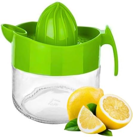 Glass Lemon Juicer, Orange, Grapefuit Manual Squeezer, Small Citrus Juicer, Extractor Manual Hand with Handle and Pour Spout, BPA Free and Lead-Free Heavyweight Crystal Clear Glass 10.1oz (Green)
