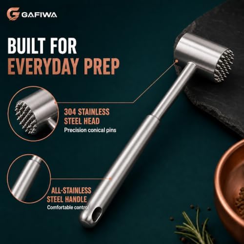 Stainless Steel Meat Tenderizer Tool, Heavy Duty Meat Mallet Hammer with Ergonomic Non-Slip Handle, Dual-Sided Meat Pounder for Steak, Chicken, Pork, Beef, Dishwasher Safe Kitchen Tool. (Steel Handle)