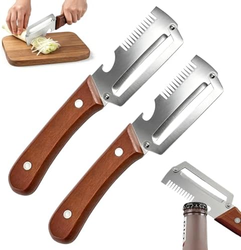 Vegetable Peeler with Wooden Handle, 2 Pack Julienne Peeler and Slicer, 3-in-1 Multifunctional Peelers for Kitchen, Stainless Steel Blade Shredder Tool for Potato, Carrot and Fruit