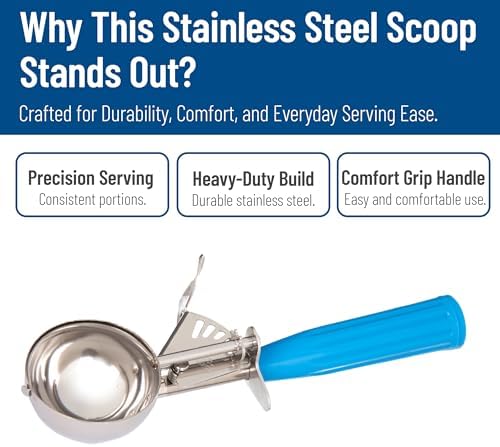 Carlisle FoodService Products Disher Scoop with Blue Handle – 2.75 oz Portion Scoop Stainless Steel Scoopers for Food, Use for Restaurants and Catering, One-Piece Design