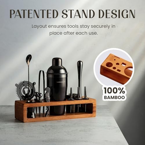Modern Mixology Pro-Graded Cocktail Shaker Set with Stand | Complete Bartender Kit | 24oz Martini Shaker, Jigger, Strainer, Bar Spoon, Tongs, Opener, Muddler, Home Bar Essentials