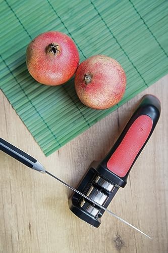 Arcos Sharpeners Manual Knife Sharpener tool. Made of ABS + TPE. Carbide and Ceramic Rollers. Keep Your Knives Razor Sharp. Black and Red Color