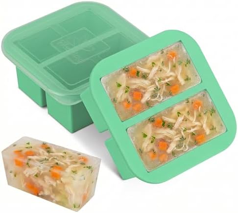 Silicone Freezer Tray with Lid 2 Pack Silicone Freezer Molds Ice Cube Tray Makes 4 Perfect 1 Cup Portions Soup Cubes Meal Prep Containers- Oven & Dishwasher Safe