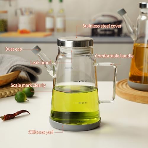 Glass Oil and Vinegar Dispenser with Stainless Steel Lid, No Drip Kitchen 20Oz Liquid Container, Large Cruet (Clear, 600ml)