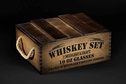 Mixology & Craft Whiskey Gift Set, Whiskey Glass Set with Rustic Wooden Crate, 8 Granite Whiskey Rocks Chilling Stones, 10oz Crystal Glasses | Great Holiday, Secret Santa or White Elephant Gift