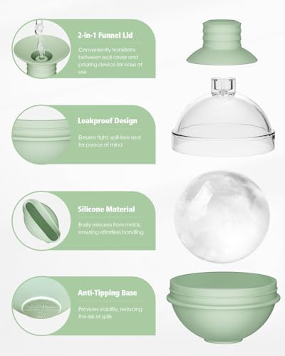 Large Ice Ball Maker Mold Silicone for Whiskey - Set of 4 with 2-in-1 Funnel Lid - 2.4 Inch Big Sphere Ice Mold for Cocktails Bourbon - Easy Release - Perfectly Round Ice Mold (Green)