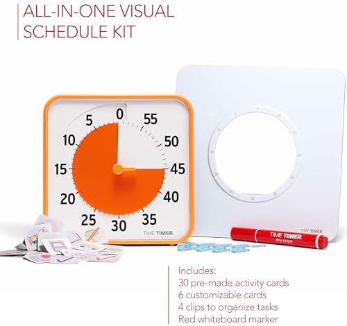 TIME TIMER Visual Schedule Package - 8-inch 60 Minute Visual Routine Timer with Dry Erase Board, PECS Cards, and Whiteboard Marker - for Kids Desk, Classroom, Home, and Routines (Orange)