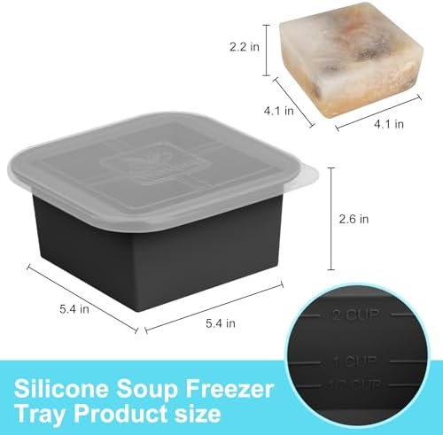 Silicone Freezer Tray with Lid 4 Pack Silicone Freezer Molds Ice Cube Tray Makes 4 Perfect 2 Cup Portions Soup Cubes Meal Prep Containers- Oven & Dishwasher Safe