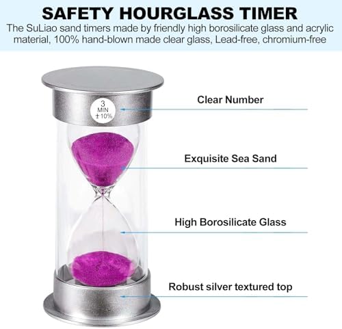 SuLiao Timer 3 Minute Hourglass, Unbreakable Sand Watch 3 Min, Large Purple Sand Clock, Colorful Plastic Hour Glass Sandglass for Kids, Games, Classroom, Kitchen, Decorative