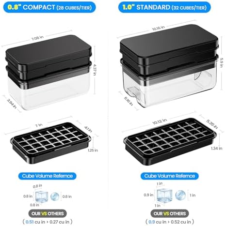 PHINOX 1" Ice Cube Tray with Lid and Bin, Easy Release 64 Cubes for Freezer