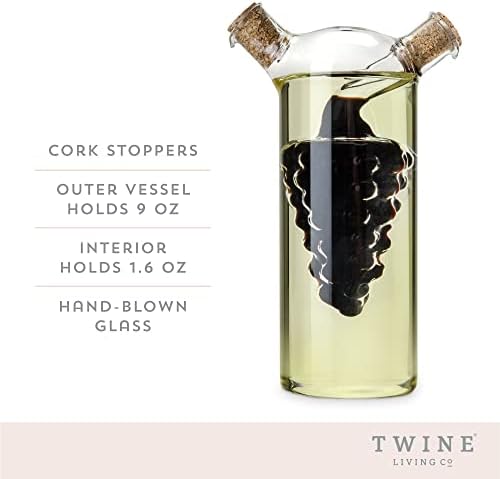 Twine 2-In-1 Oil and Vinegar Cruet Bottle with Cork Stoppers, Olive Oil and Balsamic Vinegar Dispenser, Hand Blown Glass, Pack of 1