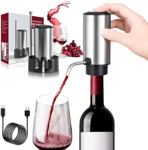 Wine Gifts-Wine Aerator Pourer-Rocyis Electric Wine Dispenser, One Touch Smart Wine Decanter w/Storage Base & Retractable Tube (USB Rechargeable)