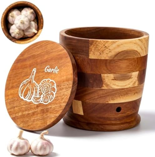 Mifoci Acacia Wood Garlic Keeper with Lid, Ventilated Garlic Storage Container for Countertop, Rustic Crafted Holder Container, Keeps Bulbs Dry, 5.6 x 5 x 5 Inch, Fits 4–5 Heads