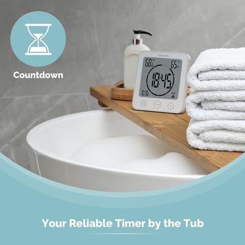 KADAMS Shower Clock Waterproof Bathroom Timer – Digital Wall Clock with Countdown, Magnetic Kitchen Clock with Temperature & Humidity, Suction Cup for Kids Shower Spa Sauna Cook Bath, White