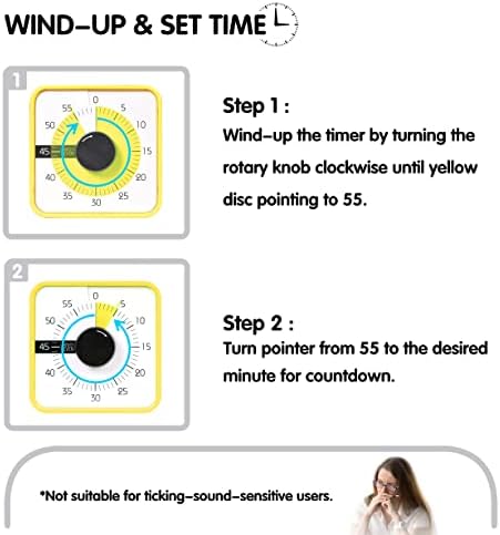 TWENTY5 SEVEN Countdown Timer 7.5 inch; 60 Minute 1 Hour Visual Timer – Classroom Teaching Tool Office Meeting, Mechanical Countdown Clock for Kids Exam Time Management Magnetic, Yellow