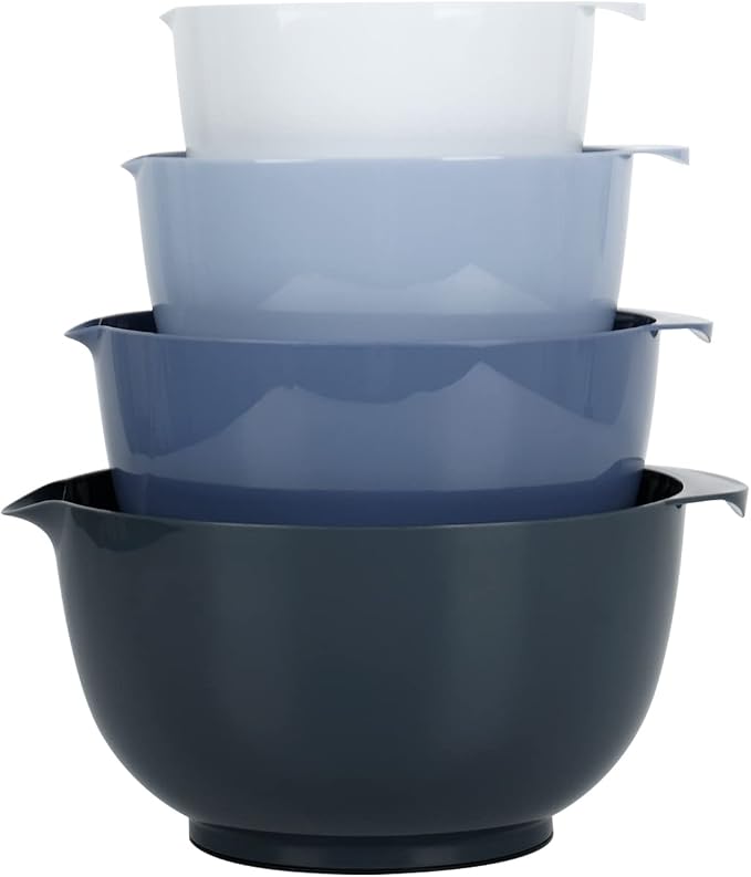 BoxedHome Classic Mixing Bowls Set of 4, BPA Free Plastic, Microwave Safe | 4.5, 3.5, 2.5 and 1.7 qt, Non-slip Base Large Non-toxic Nesting Bowl with Pour Spout, Dishwasher Safe, for Prep, Cooking