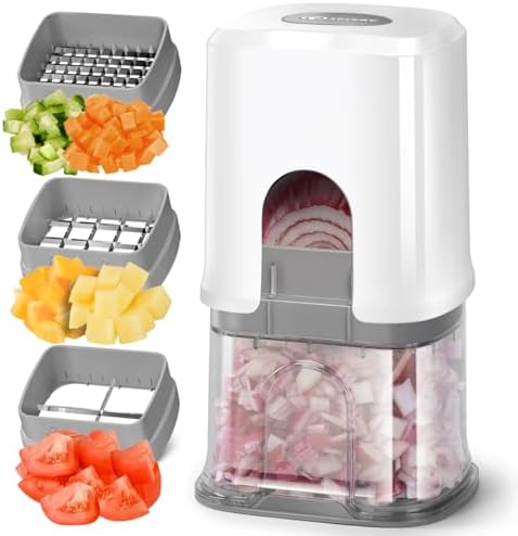 KEOUKE Multifunctional Vegetable Chopper White - 3 Interchangeable Blades Potato French Fry Cutter with Container & Storage Box Food Chopper Dicer for Cucumber, Tomato, Carrot, Onion