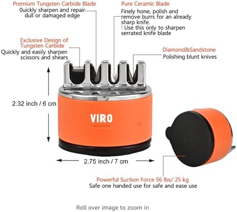 VIRO Compact Suction Kitchen Chef Knife Scissors Sharpener for Straight & Serrated Knives, 4-Stage Knife Sharpening Tool Helps Repair and Restore Blades (Orange)