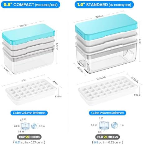 PHINOX 1" Ice Cube Tray with Lid and Bin, Easy Release 96 Cubes for Freezer