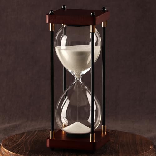 60 Minutes Sand Hourglass Timer, Vintage Sand Clock 60 Minutes, Large White Sander with Wooden End Caps, Hour Glass Sandglass Timer for Games Classroom Kitchen Decorative (White Sand)