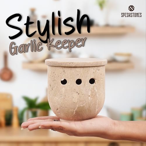 Travertine Garlic Keeper With Lid for Kitchen Counter Decor