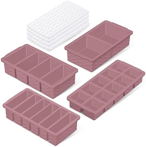 Silicone Freezer Trays with Lid (4-Pack), 1-Cup, 2-Cup, 1/2-Cup & 2-Tbsp Silicone Freezer Molds, Stackable Soup Freezer Meal Prep Containers,Ice Cube Tray for Making Sauce,Smoothies,Yogurt Bites