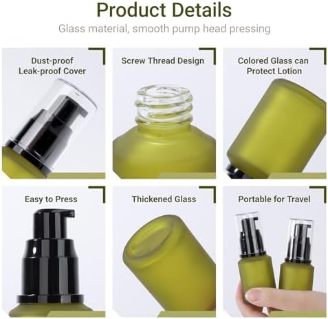 Segbeauty 1oz Frosted Glass Empty Travel Size Containers for Creams, 5pcs Refillable Lotion Pump Bottle Dispenser, 30ml Small Liquid Travel Containers, Green Mini Lotion Container Pump Dispensers