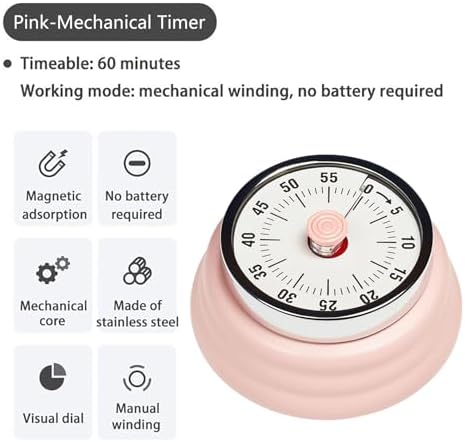 Elegant Stainless Steel Vintage Kitchen Timer with Magnetic Attachment - 60-Minute Countdown & Audible Alarm, Perfect for Cooking, Office Tasks, and Study Sessions (01-Pink)