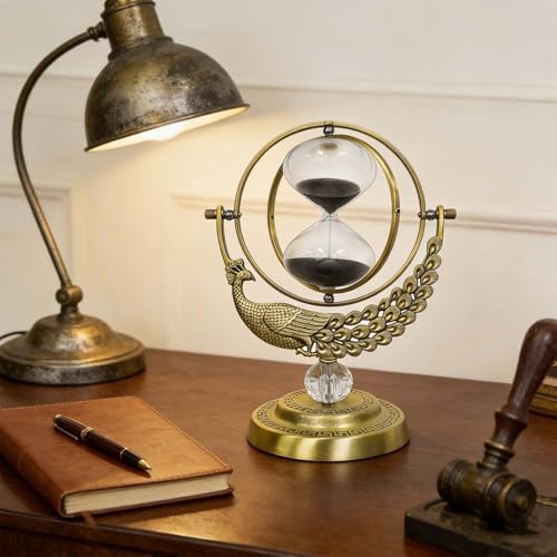 SuLiao Hourglass Sand Timer, 60 Minute Peacock Rotating Hour Glass, 60 Min Unique Black Sand Clock, Large 1 Hour Brass Sandglass, 1 hr Metal Decorative Reloj De Arena, Desk, Office, Home