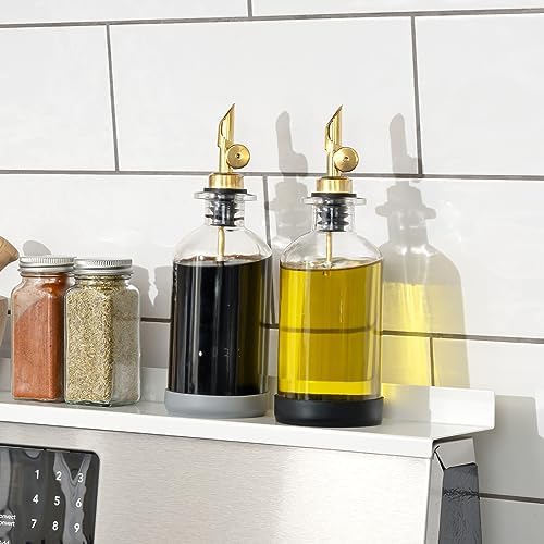 STOVE SHELF Oil and Vinegar Dispenser Set - Oil Dispensers with Silicone Base - Protects the Finish of Your StoveShelf - Glass Bottle with Gold Dispenser - Set of 2