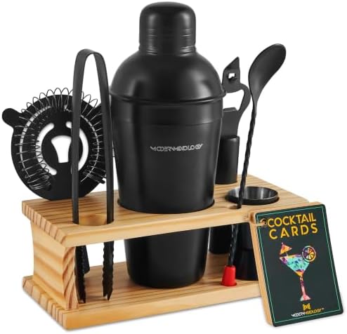 Modern Mixology Cocktail Shaker Set - 8 Piece Bartender Kit on Quality Pine Stand | Complete Cocktail Kit Gift Set | Top Bartender Gifts for Men | Leak Proof Design (Black)