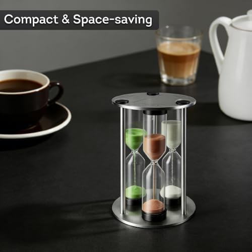 Lily's Home 3.5" Tall 3-in-1 Perfect Tea Timer, Includes 3, 4, and 5 Minute Sand Hourglass Timers, Use for Making Tea or Keeping Time Around The Kitchen, Brushed Stainless Steel Frame, Cylindrical