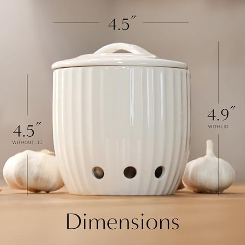 Ceramic Garlic Keeper - Upgraded Packaging! Dishwasher Safe Garlic Holder w/ Lid - Vegetable Storage Keeper w/ Holes for Keeping Veggies Fresh - Modern Countertop Storage Containers for Cooking Lovers