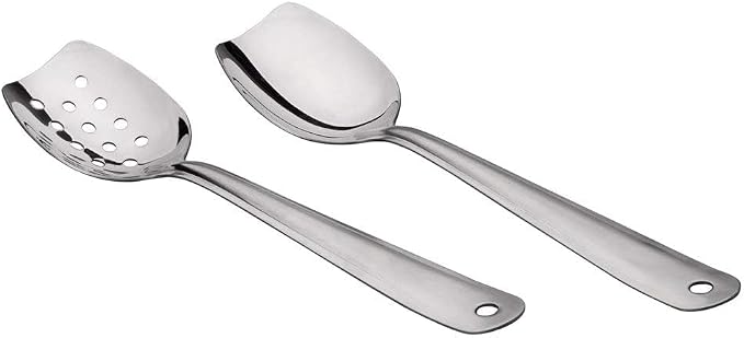 IMEEA 10 Inch Flat Bottom Scraping Cooking Spoon Set of 2, 18/8 Stainless Steel Slotted & Solid Stirring Spoon, Flat Edge Kitchen Spoon for Stir Fry, Sauce, Soup, Instant Pot