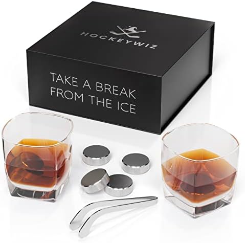 Whiskey Stone Set 7pcs | 4 Hockey Puck Whiskey Stones with Cooling Gel Interior | Hockey Stick Tongs, Elegant Glasses Gift Set | Father's Day Gift