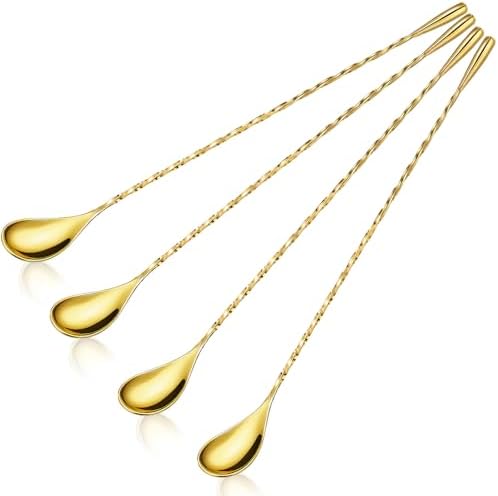 Boao 4 Pcs 12 Inch Stainless Steel Cocktail Spoons, Golden