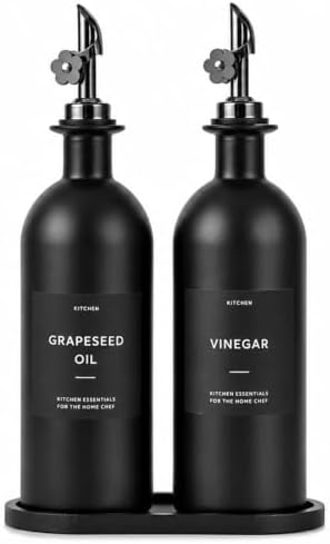 Olive Oil Dispenser for Kitchen, 2-Pack 16oz Black Glass Bottle with Labels