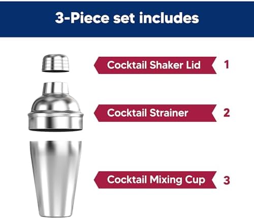 HIC Bar Cocktail Shaker, 18/8 Stainless Steel, Mirror Finish, 3-Piece Set, Holds 18-Ounces