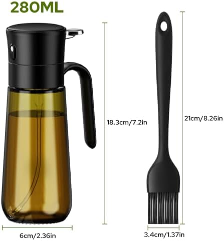 Olive Oil Spray Bottle with Basting Brush, 280ml Light-Proof Glass Oil Sprayer to Preserve Freshness, Ideal for Salad Dressing, Baking & Grilling