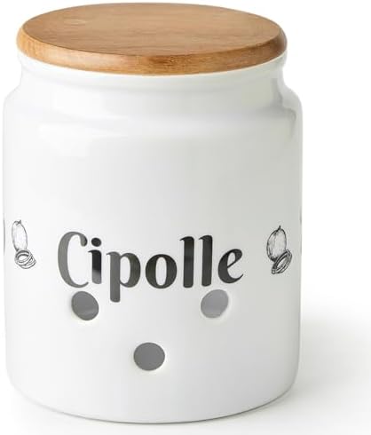 Large Ceramic Garlic Keeper, Garlic Holder Storage with Wooden Lid