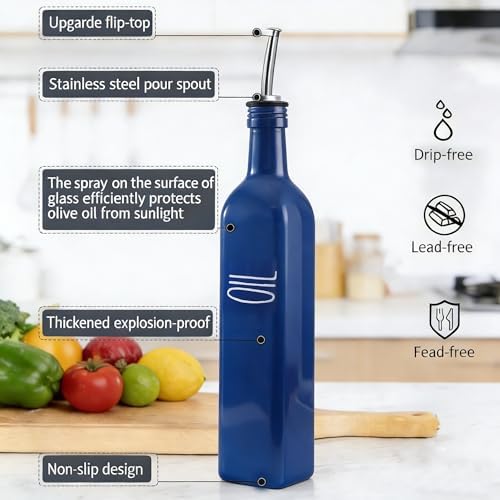 Glass Oil Dispenser for Kitchen, Blue Olive Oil Dispenser Bottle, 17 oz Borosilicate Glass Cooking Oil Container, Multipurpose Oil Bottle with Leak-Proof Spout