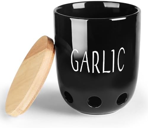 Ceramic Garlic Saver Container with Wood Lid (Black)