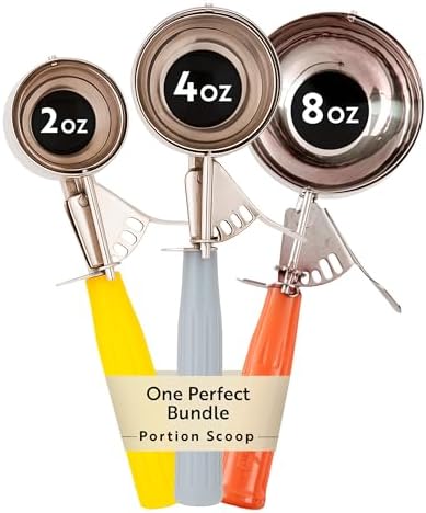 Restaurantware Bundle: 3 Ice Cream Scoops Trigger Release Stainless Steel Dishers 2/ 4 / 8 Ounce Cookie Scoops For Baking, Yellow, Gray and Orange, Portion Control, Cookie Dough, Cupcake Batter
