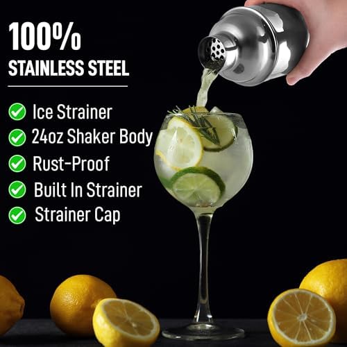 Zulay Cocktail Shaker (24oz) 18/8 Stainless Steel Martini Shaker with Built-in Strainer - Professional Grade Drink Shaker and Strainer for Bartending & Homebars (Silver)