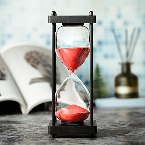 Hourglass Timer 60 Minute, Black Wooden Sand Timer, Red