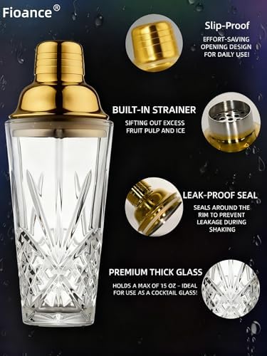 15oz Gold Lid Crystal Cocktail Shaker, Lead-Free Glass with #304 Steel Strainer,Dishwasher Safe,Fit the Coffee Table Decor, Wedding Favors and any Bar Cabinet.(Leak-Proof)