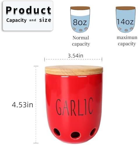 Ceramic Garlic Saver Container with Wood Lid (Red)