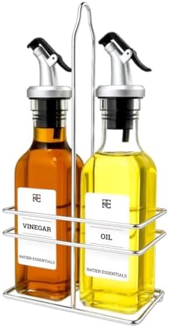 6 Oz Oil and Vinegar Bottle Cruet Set with Wire Caddy – 2 Pack Glass Dispenser Bottles (No-Drip Spout)
