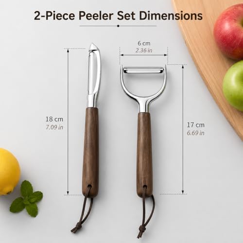Premium 2-Piece Vegetable Peeler Set – Y & Straight Peeler with Walnut Handle, Stainless Steel Multifunctional Kitchen Tool for Potato, Carrot & Fruit Peeling